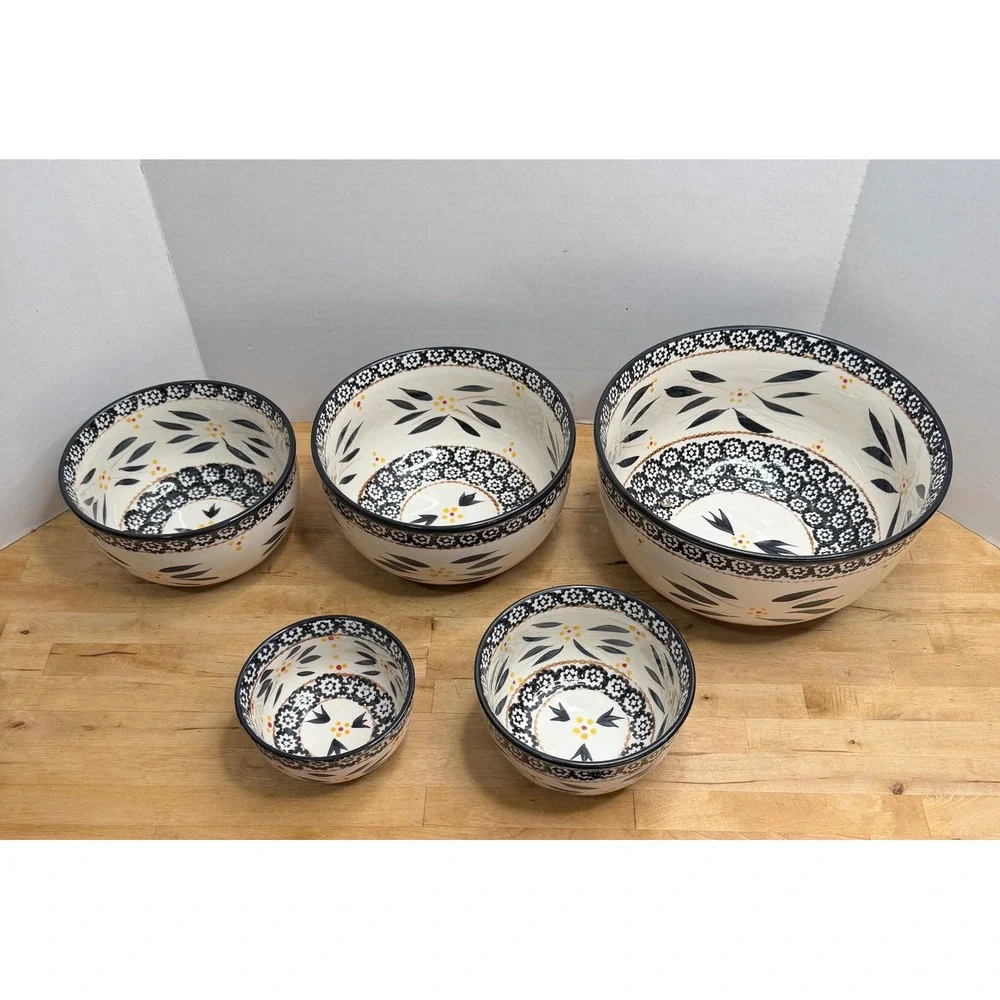 Temp-tations Old World Mixing Bowls Set of 5 Cream Black Floral Ceramic Nesting